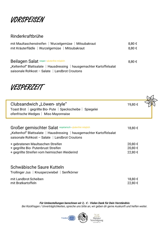 Speisekarte Löwen Seite 1